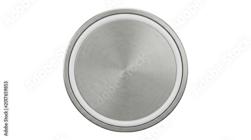 Polished stainless steel circular lid with concentric texture on white background.