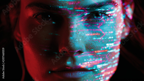Double Exposure Portrait Face with Glowing Data