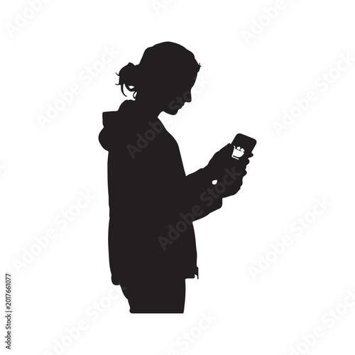 Black silhouette of a person wearing a hoodie holding a smartphone