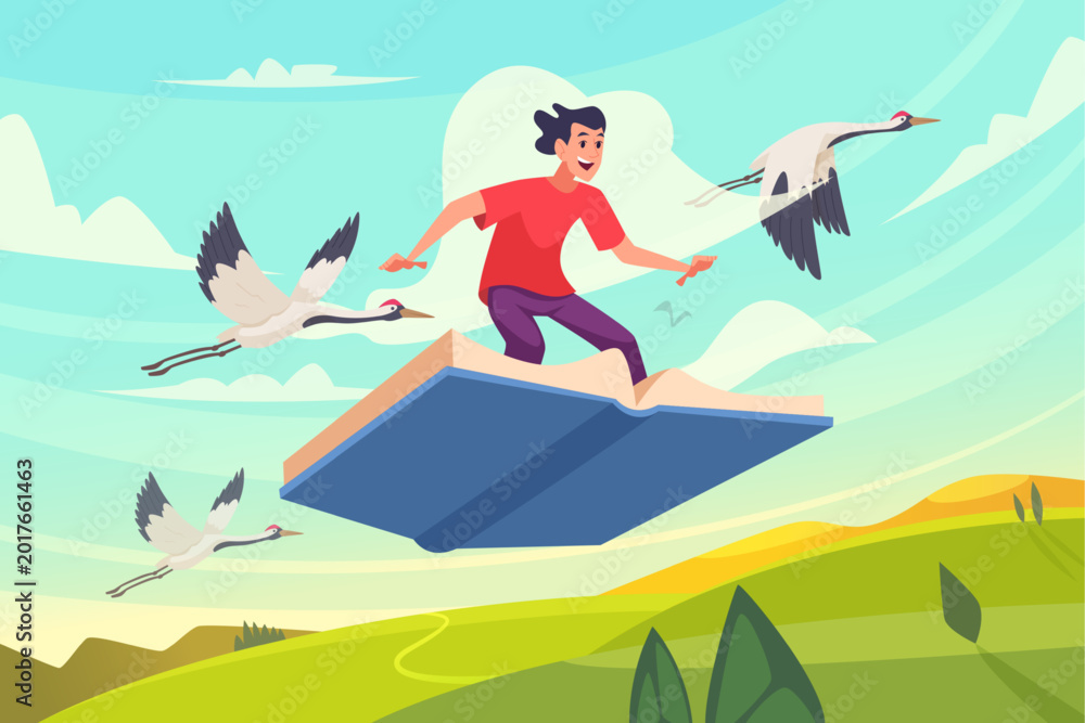 Fototapeta premium Book flying. fairytale concept background with dreaming boy flying on books pages with storks