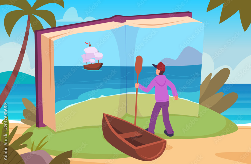 Fototapeta premium Fairytale. concept fantasy man standing near open book and watching on sea with ship