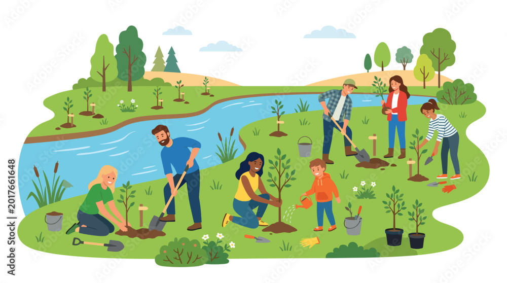 Obraz premium Diverse volunteers engage in tree planting activities along a winding river bank featuring lush green grass and distant forest foliage under a clear daytime sky.
