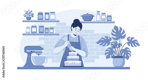 Schilderij op canvas Female pastry chef icing tiered cake at kitchen counter with electric mixer and shelves of ingredients in charming minimalist blue bakery illustration