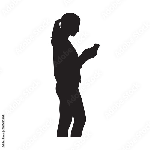 Black silhouette of a woman with ponytail checking her phone female person desi