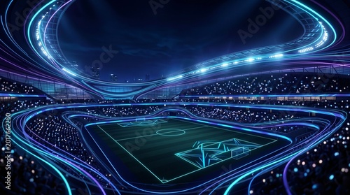 Modern Futuristic Soccer Arena with Glowing Neon Blue and Purple Lines Background