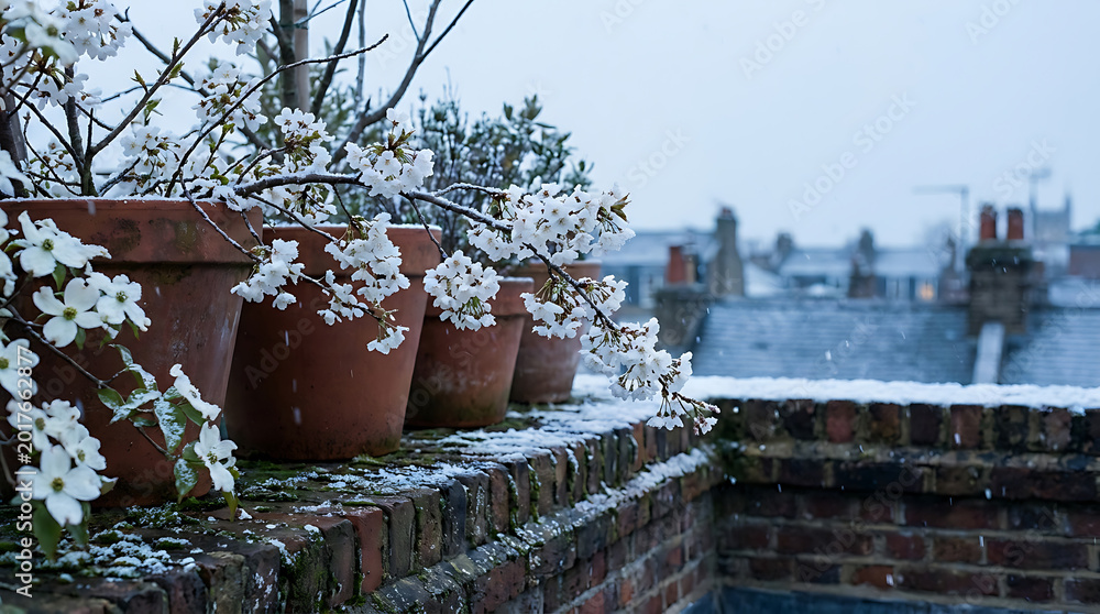 Obraz premium White dogwood flowers blooming in terracotta pots on a brick wall balcony during a light winter snowfall with blurred residential rooftops in background