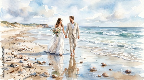Young couple walking hand in hand on beach during wedding ceremony  