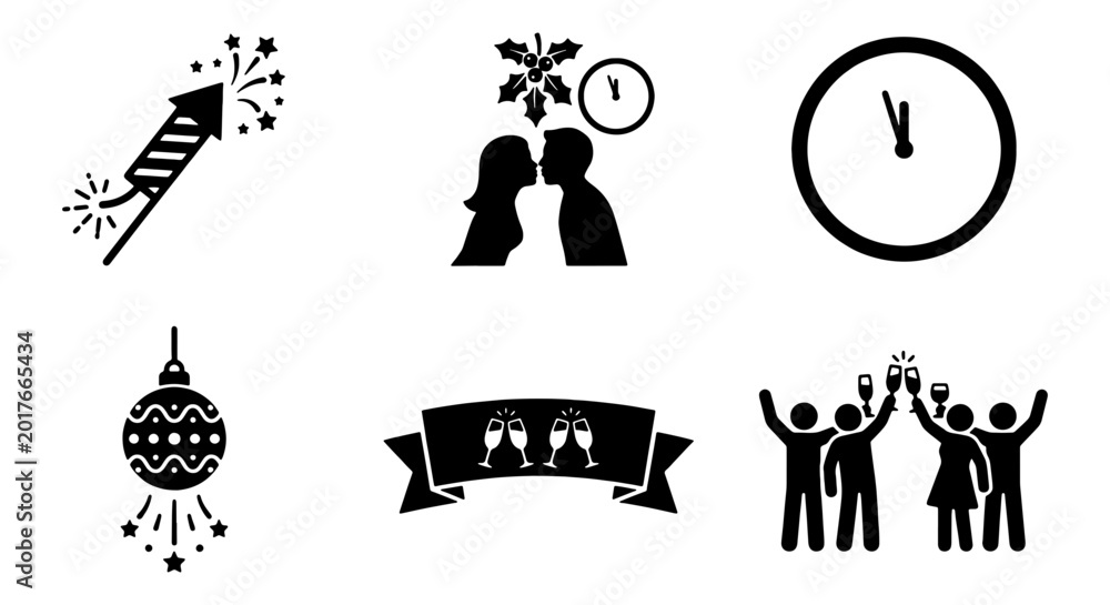 Fototapeta premium New Year's Eve Celebration Icons Set: Firework, Kissing Couple, Clock, Disco Ball, Champagne Toast, Party People Vector Graphics for Festive Design