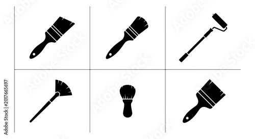 Photos Set of 6 Black Silhouette Paint Brushes and Rollers, Vector Icons for DIY and Ho
