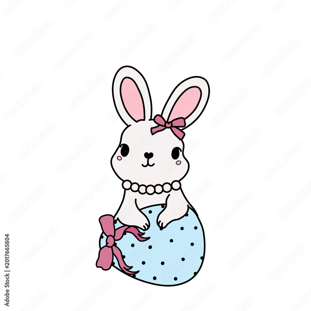 Fototapeta premium Cute white bunny with a pink bow and blue eggs, perfect for easter greeting cards, spring season designs, and holiday illustrations.