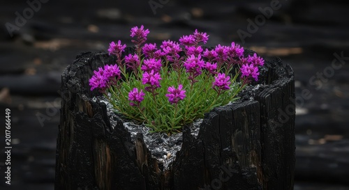 Vibrant purple wildflowers defy destruction, growing strongly from the dark, charred wood and gray ash of an old forest fire stump, destruction, violet, lifecycle