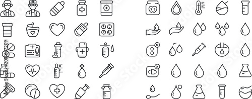 Tableau sur toile Medical and Healthcare Icon Set in Black and White Featuring Pills, Syringes, Bo