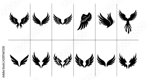 Bild auf Leinwand Diverse Black Wing Icons Set, Angelic Feathered Wings Collection, Mythical Phoen