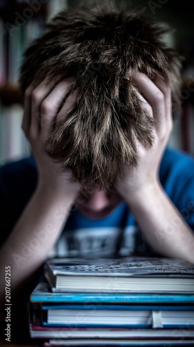 Teen struggling with studies in a quiet library setting