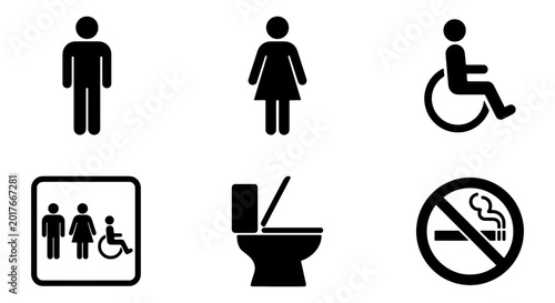 Restroom Sign Icons: Male, Female, Accessible, Family, Toilet, No Smoking Symbols. Vector Graphics for Public Facilities.