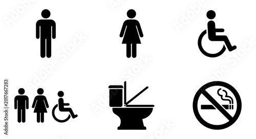 Modern Silhouette Icons: Male, Female, Accessible Restroom, Group, Toilet, No Smoking Signs. Vector Graphics for Public Facilities and Information Displays.
