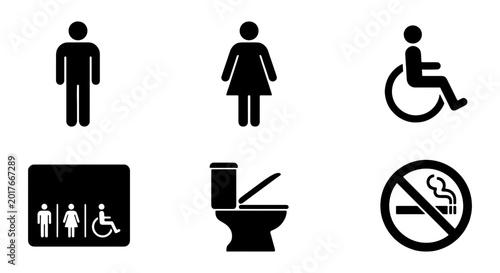 Restroom Signage Icons: Male, Female, Accessible, Toilet, No Smoking, Vector Graphics Set for Public Facilities