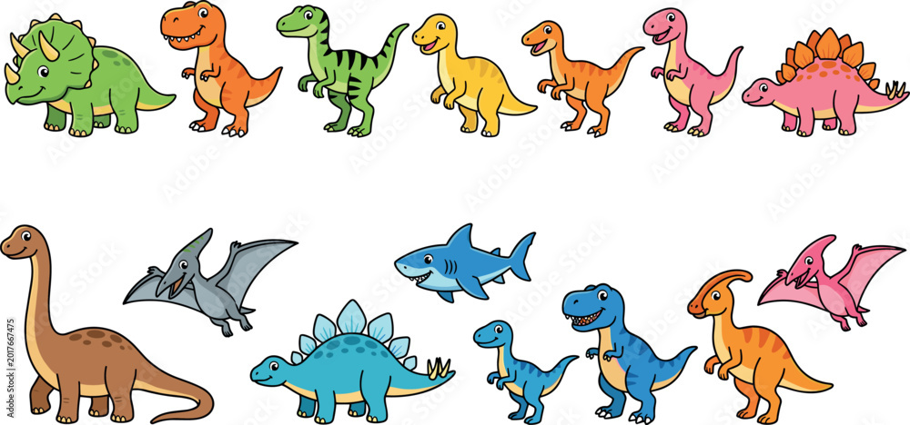 Obraz premium Illustration Set of Colorful Cartoon Dinosaurs Including T-Rex, Stegosaurus, and Brontosaurus for Kids, Education, and Prehistoric Designs