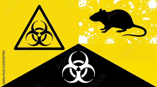 Biohazard warning graphic with rat silhouette and pathogen splatters, highlighting severe biological risk, contamination, and potential disease transmission in a stark yellow and black design