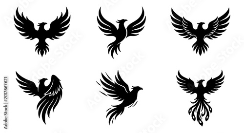 Tableau sur toile Mythical Phoenix Vector Icons Set, Fiery Bird Silhouettes for Fantasy and Legend