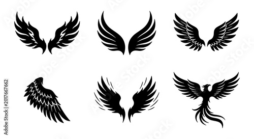 Canvastavla Set of 6 Black Silhouette Wings and Phoenix Vector Icons, Angelic and Mythical C