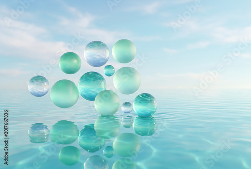 Surreal Mint Green Turquoise Sphere Landscape with Translucent Glass Orbs on Water
