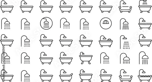 Tableau sur toile Set of Bathtub and Shower Icons Featuring Different Showerhead Designs for Bathr