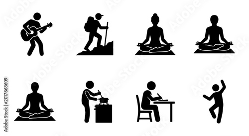 Tableau sur toile Diverse Stick Figure Activities Collection: Guitar, Hiking, Yoga, Cooking, Writi