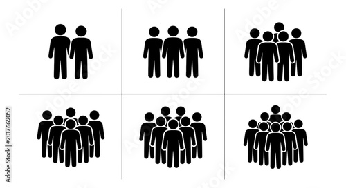 Crowd Size Comparison, Group Dynamics, Population Density, Human Figures, Vector Icons Set