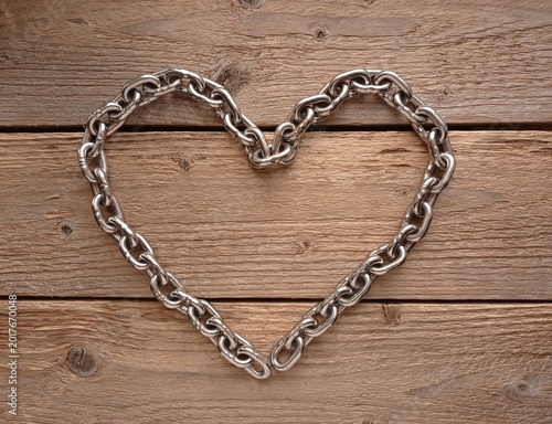 Canvas-taulu Close up of a metal chain in the shape of a heart on a wooden table