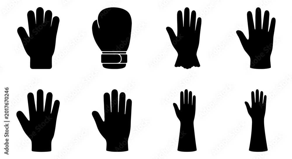 Obraz premium Diverse Hand and Glove Icons Set, Vector Silhouettes for Protection, Sports, and Work Applications
