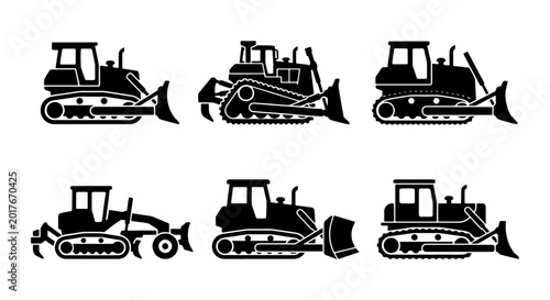 Obraz na płótnie Heavy Construction Equipment Vector Icons: Bulldozers, Graders, and Earthmovers,
