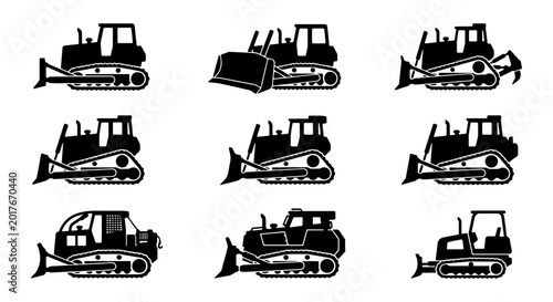 Billede på lærred Bulldozer Vector Icons Set, Construction Equipment Silhouettes, Heavy Machinery