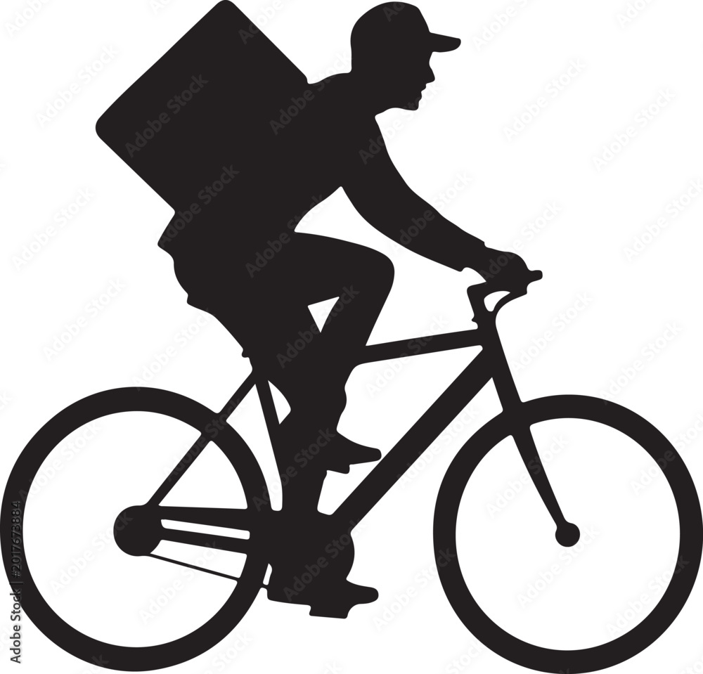 Fototapeta premium Delivery Man Riding Bicycle with Package on Back white background