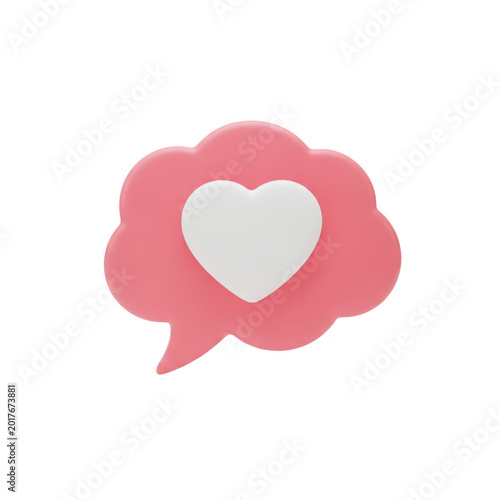 A pink speech bubble with a white heart inside is shown in a simple graphic design element here