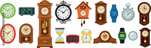 Foto Illustration Set of Various Clocks and Watches in Different Styles for Time, Hom