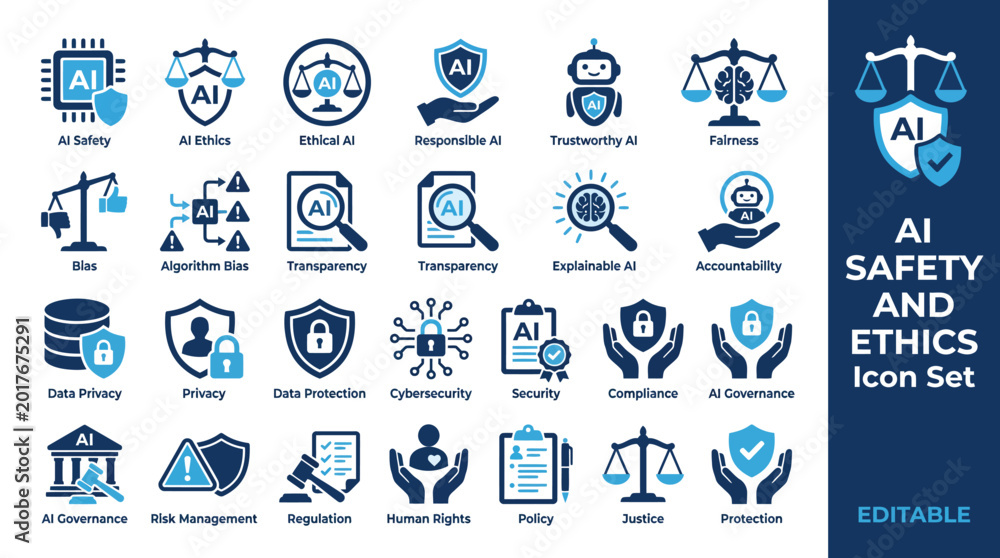 Fototapeta premium AI safety and ethics icon set featuring responsible AI, algorithmic bias, fairness, transparency, data privacy, AI governance, compliance, human rights, and justice symbols.