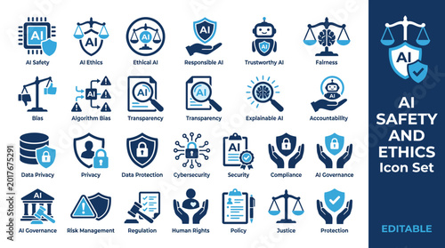 Photography AI safety and ethics icon set featuring responsible AI, algorithmic bias, fairness, transparency, data privacy, AI governance, compliance, human rights, and justice symbols