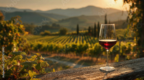 Glass of red wine on a wooden surface overlooking vineyards at sunset