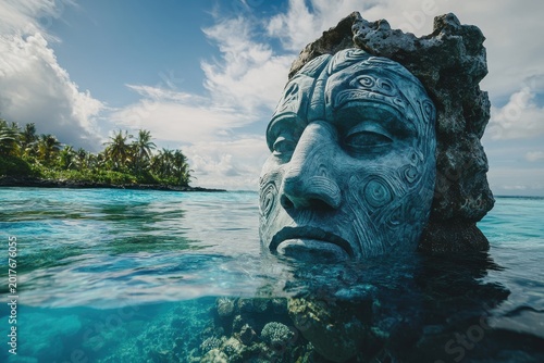 Tangaroa Polynesian Sea God Colossal Tiki Stone Carving Emerging from Coral Lagoon Island Paradise