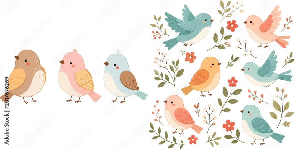 Obraz premium Cute spring birds vector set with colorful songbirds and floral branches in a soft hand drawn style for nursery wall art wedding stationery and seasonal greeting cards
