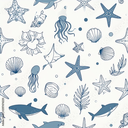 Ocean life pattern, blue ink
