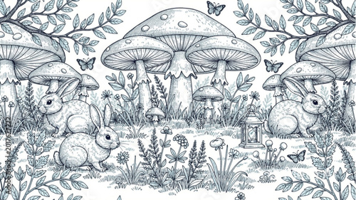 Canvastavla Detailed illustration of various mushrooms.