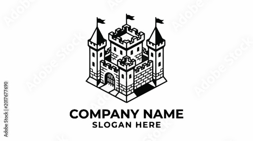 Foto Black and white illustration of a medieval castle logo design.