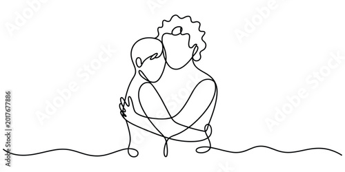 Continuous one line drawing of a loving couple hugging each other