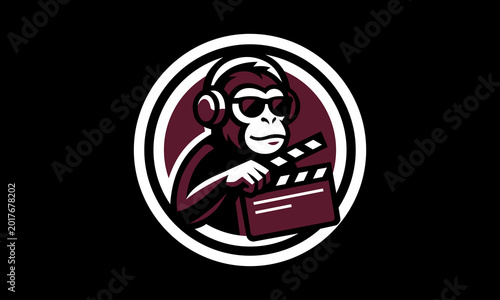 Canvas Print Flat design illustration of a monkey with headphones listening to a retro cassette player, enclosed in a circular badge with a double outline