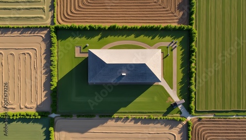Modern home in rural landscape seen from above surrounded by cultivated fields.
