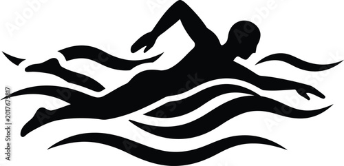 Foto Black silhouette of a professional male swimmer athlete performing freestyle stroke in water waves, perfect for sports competition, fitness training, and swimming pool vector design