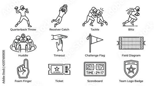 American football line icon set vector with quarterback tackle huddle and game elements