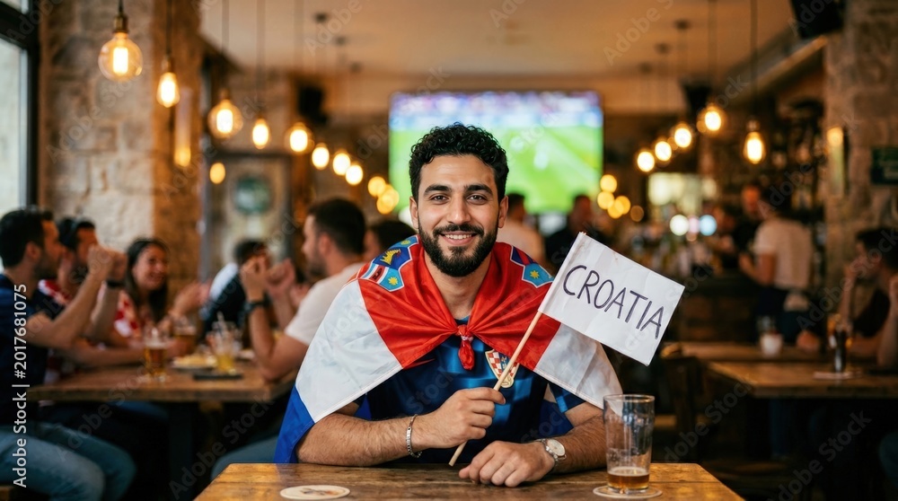Obraz premium Young man supporting Croatia at sports bar with flag and sign